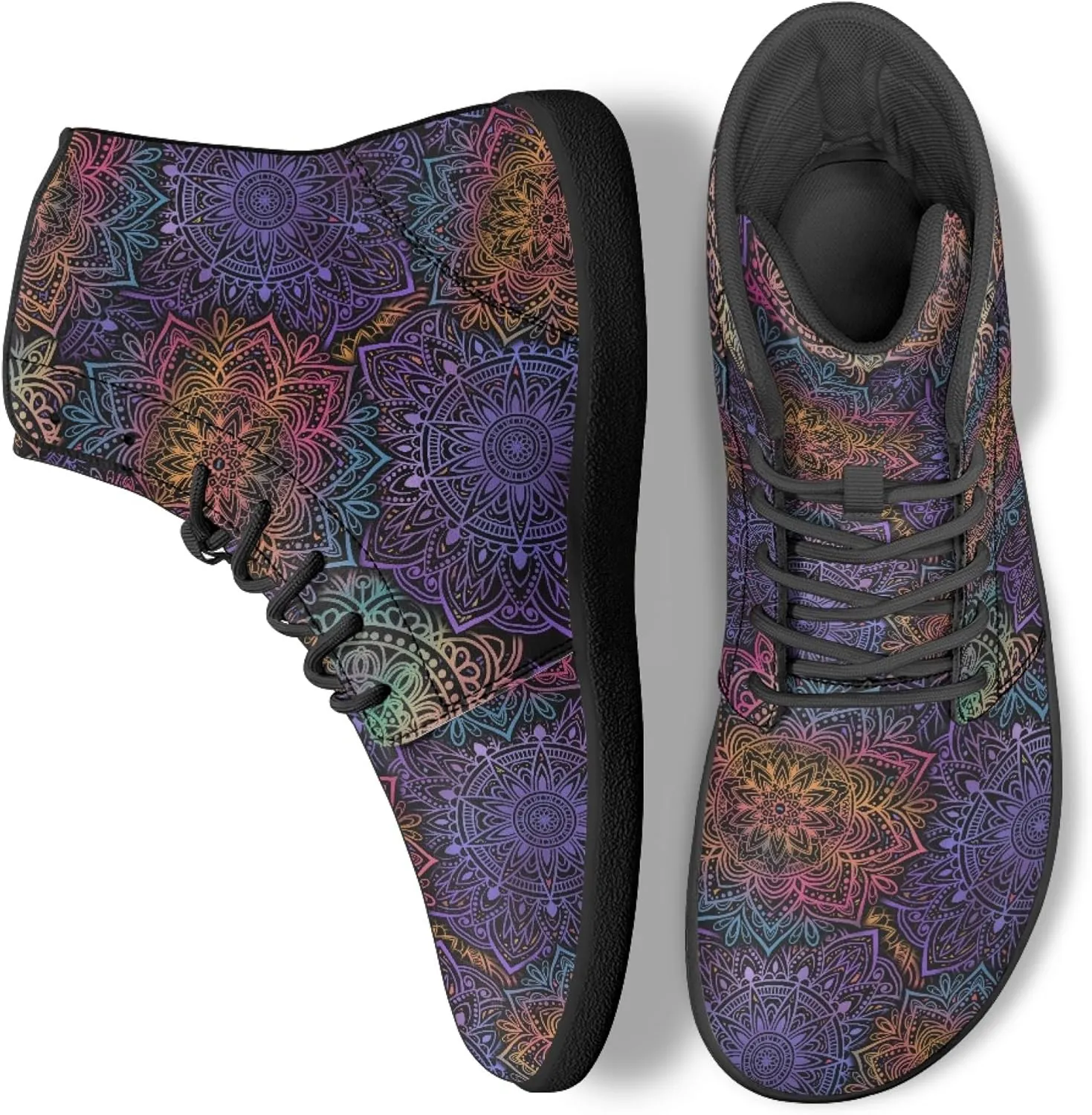 Boho Mandala Print Unisex Barefoot Shoes PU Leather High Top Barefoot Sneakers for Outdoor