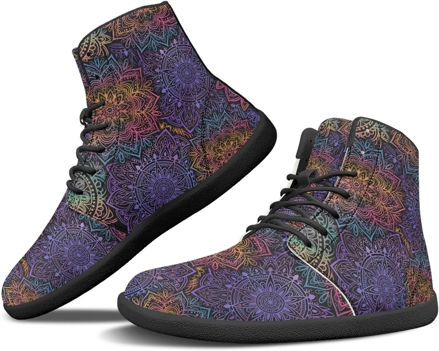 Boho Mandala Print Unisex Barefoot Shoes PU Leather High Top Barefoot Sneakers for Outdoor