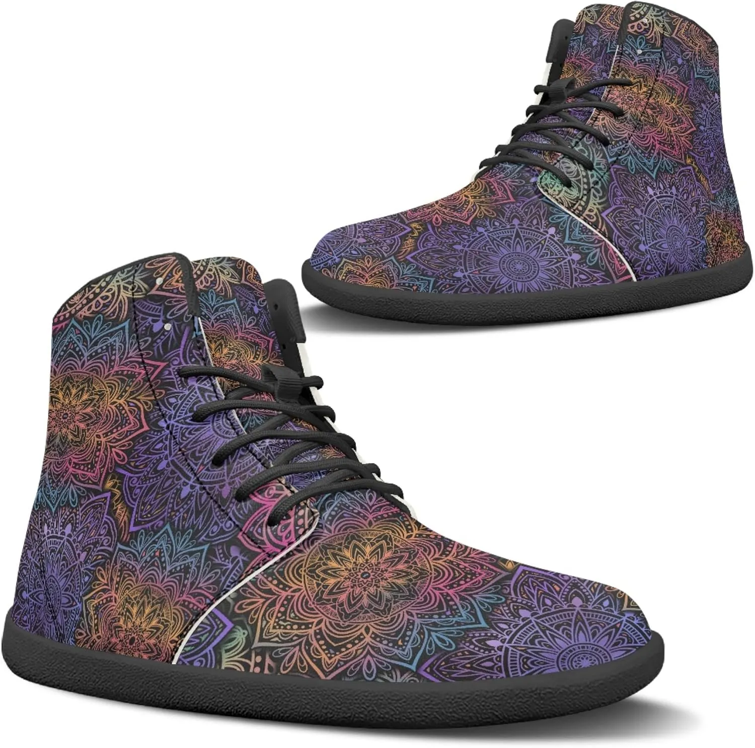 Boho Mandala Print Unisex Barefoot Shoes PU Leather High Top Barefoot Sneakers for Outdoor