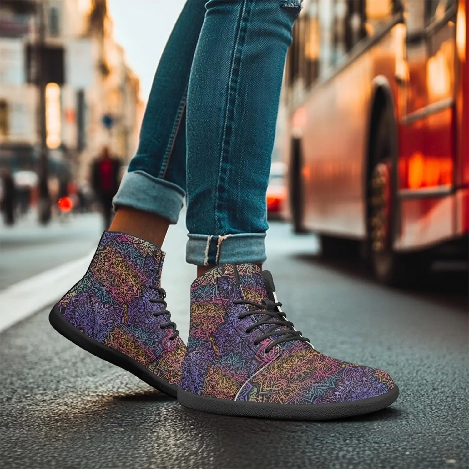 Boho Mandala Print Unisex Barefoot Shoes PU Leather High Top Barefoot Sneakers for Outdoor