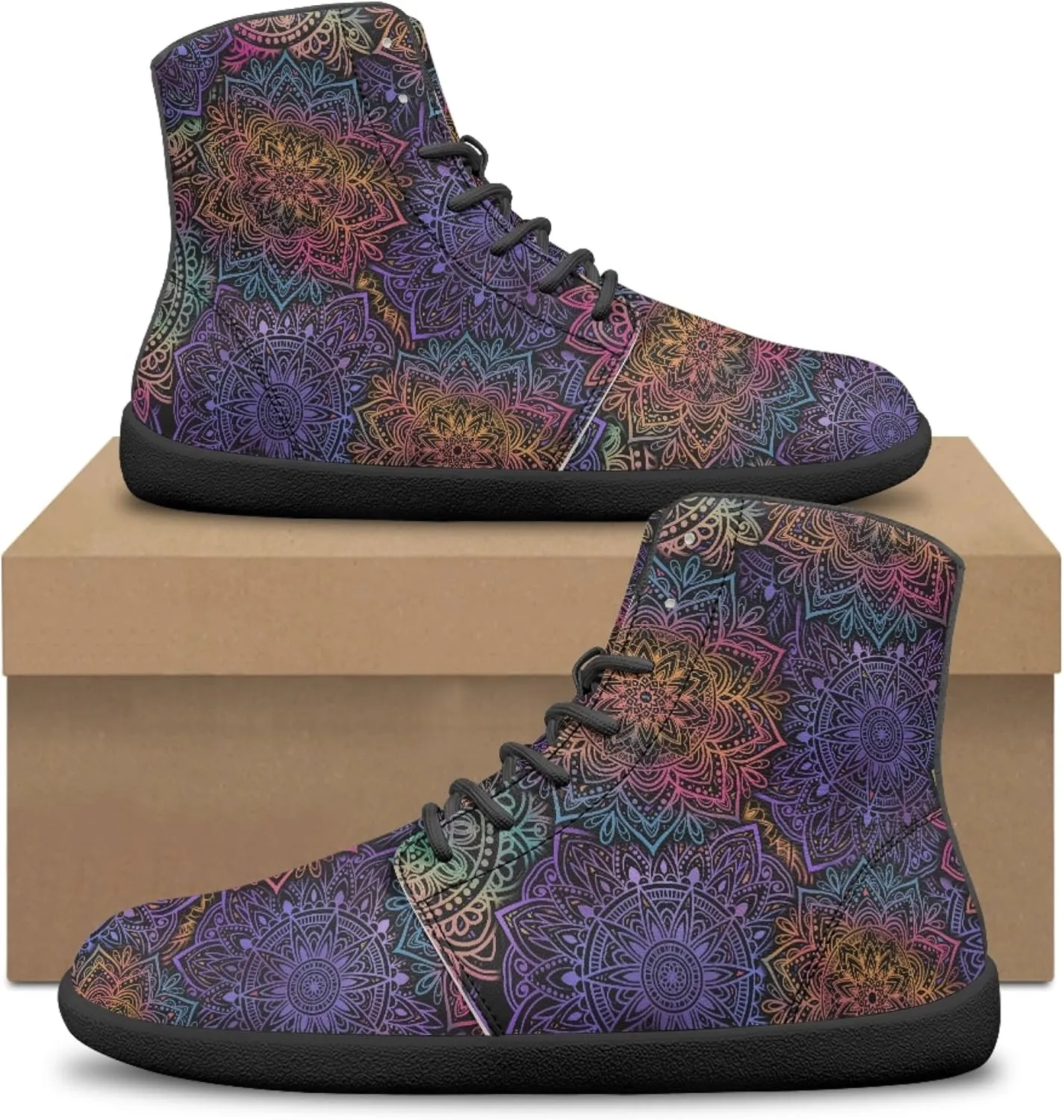Boho Mandala Print Unisex Barefoot Shoes PU Leather High Top Barefoot Sneakers for Outdoor