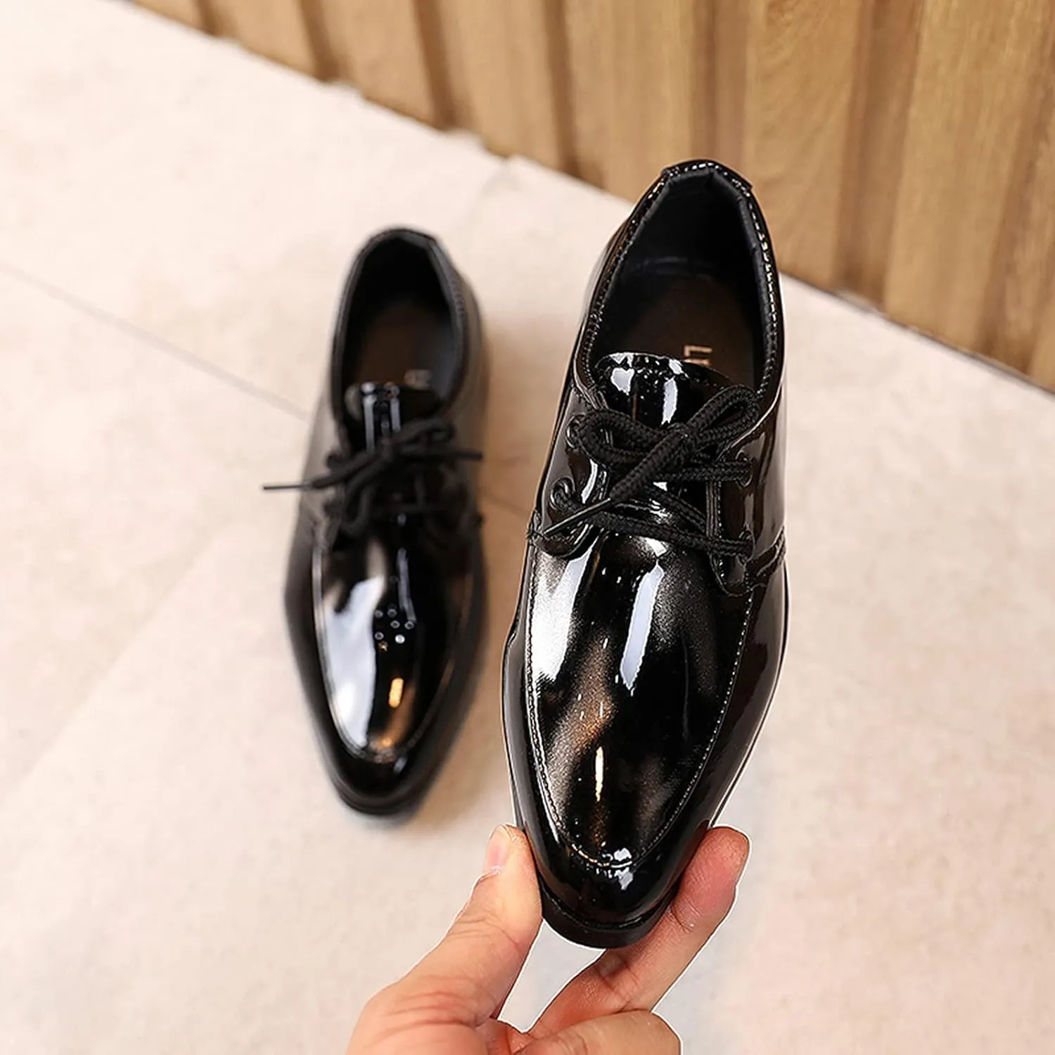 Boy's Classic Oxfords Dress Shoes Pointed Toe Patent Formal Dress Shoes Lace Up Wedding Prom Infant Dress Shoes