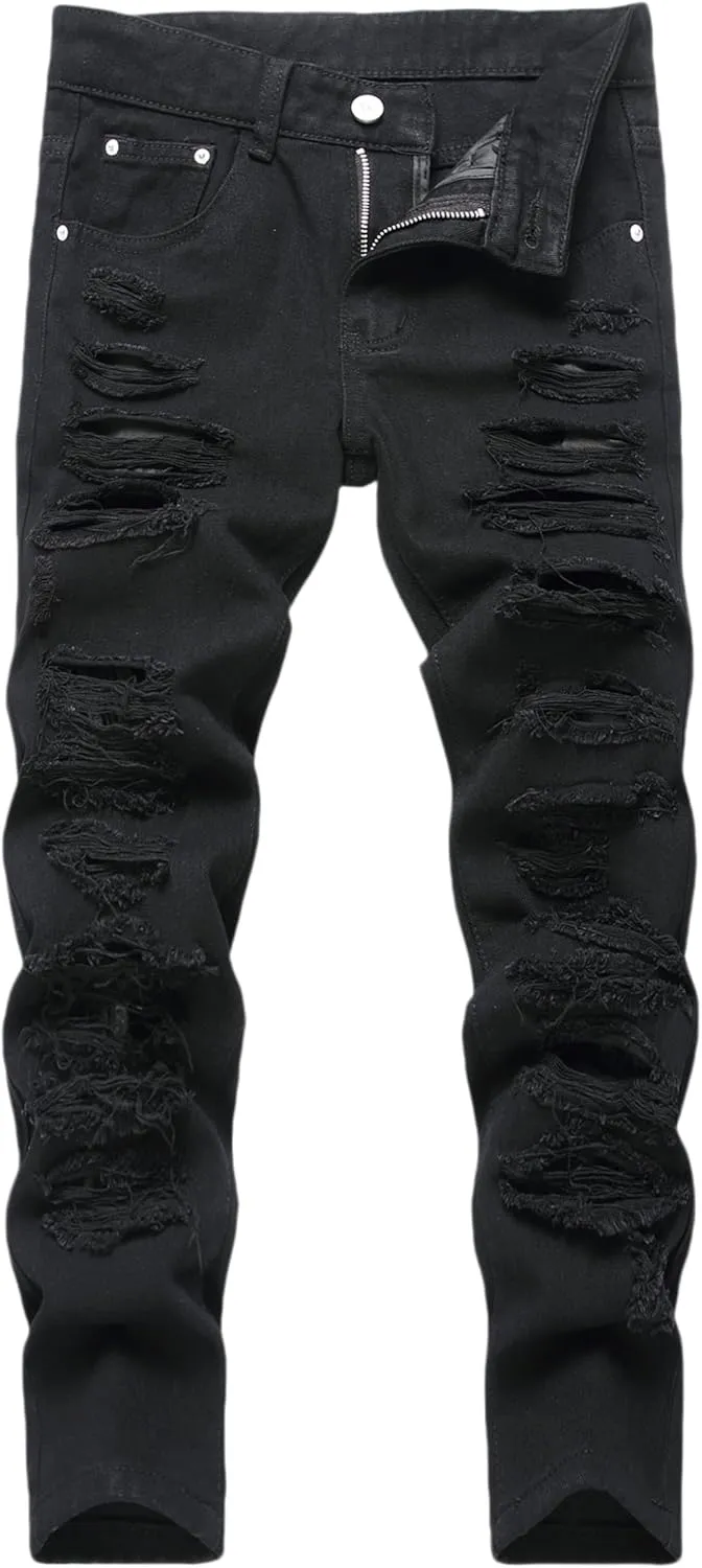 Boy's Skinny Fit Ripped Distressed Fashion Washed Denim Jeans Pants