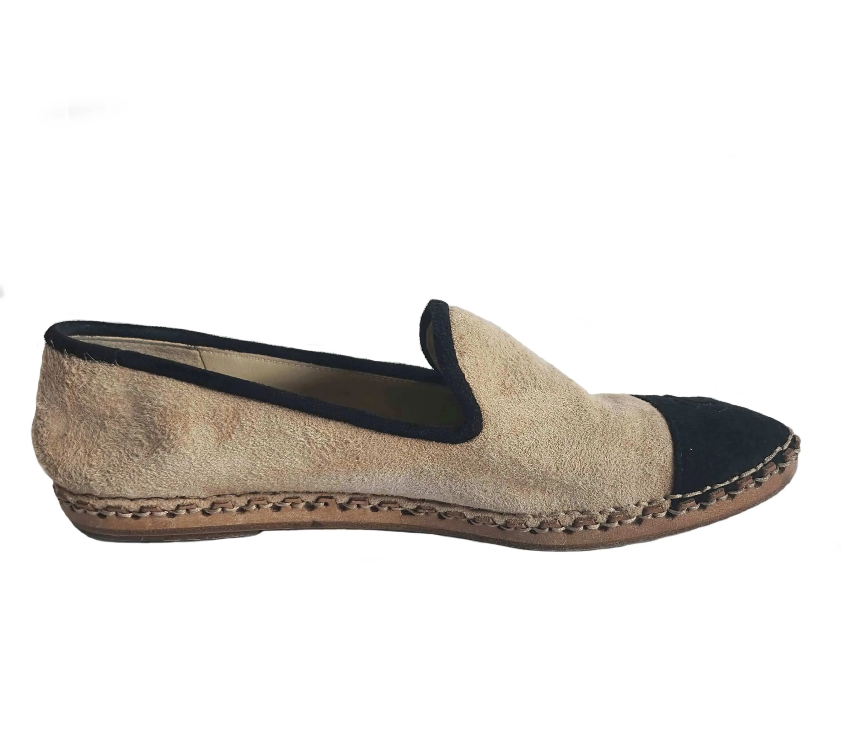 CHANEL SUEDE BLACK/BEIGE CAPTOE CC ESPADRILLES (39C)