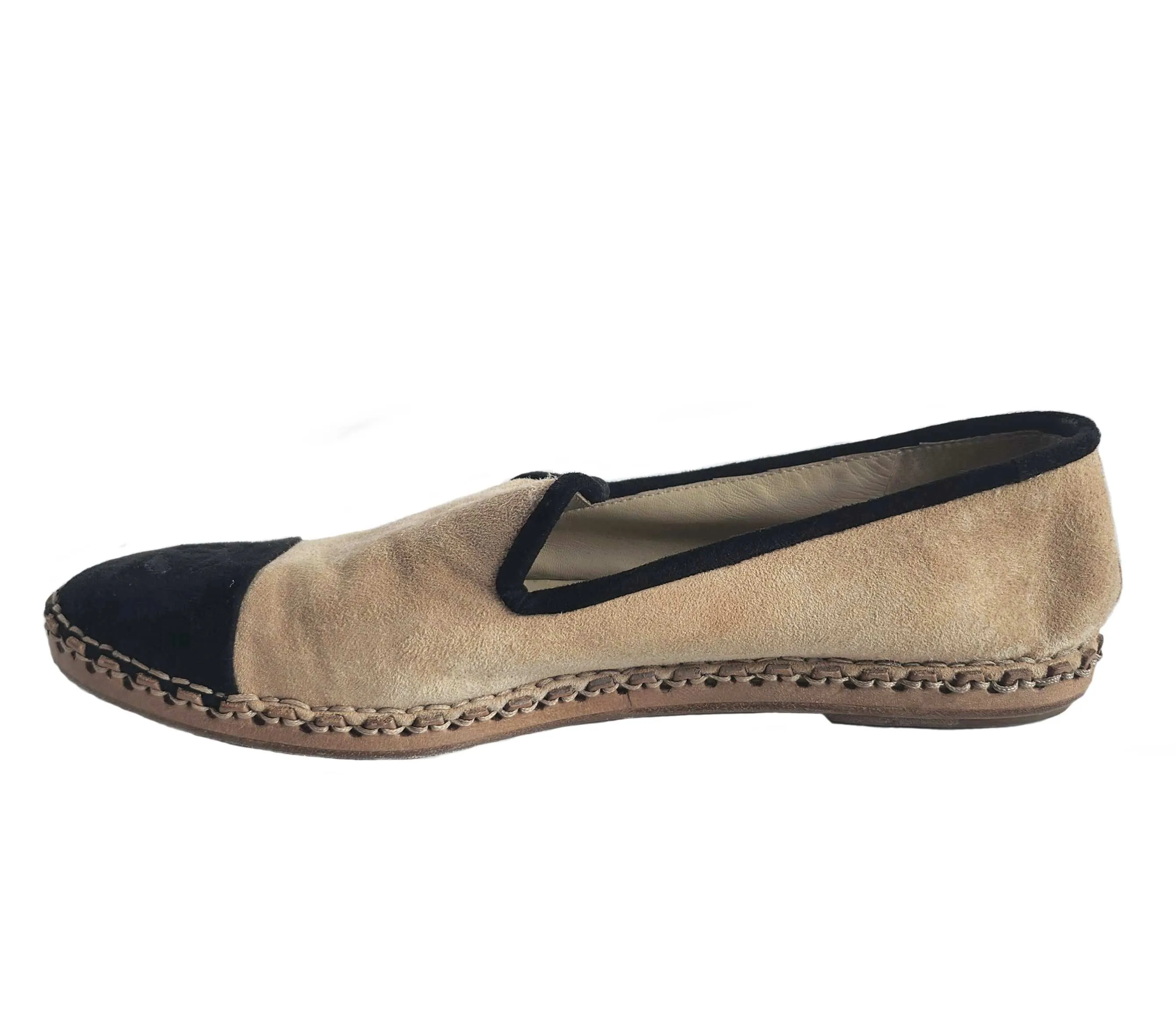 CHANEL SUEDE BLACK/BEIGE CAPTOE CC ESPADRILLES (39C)