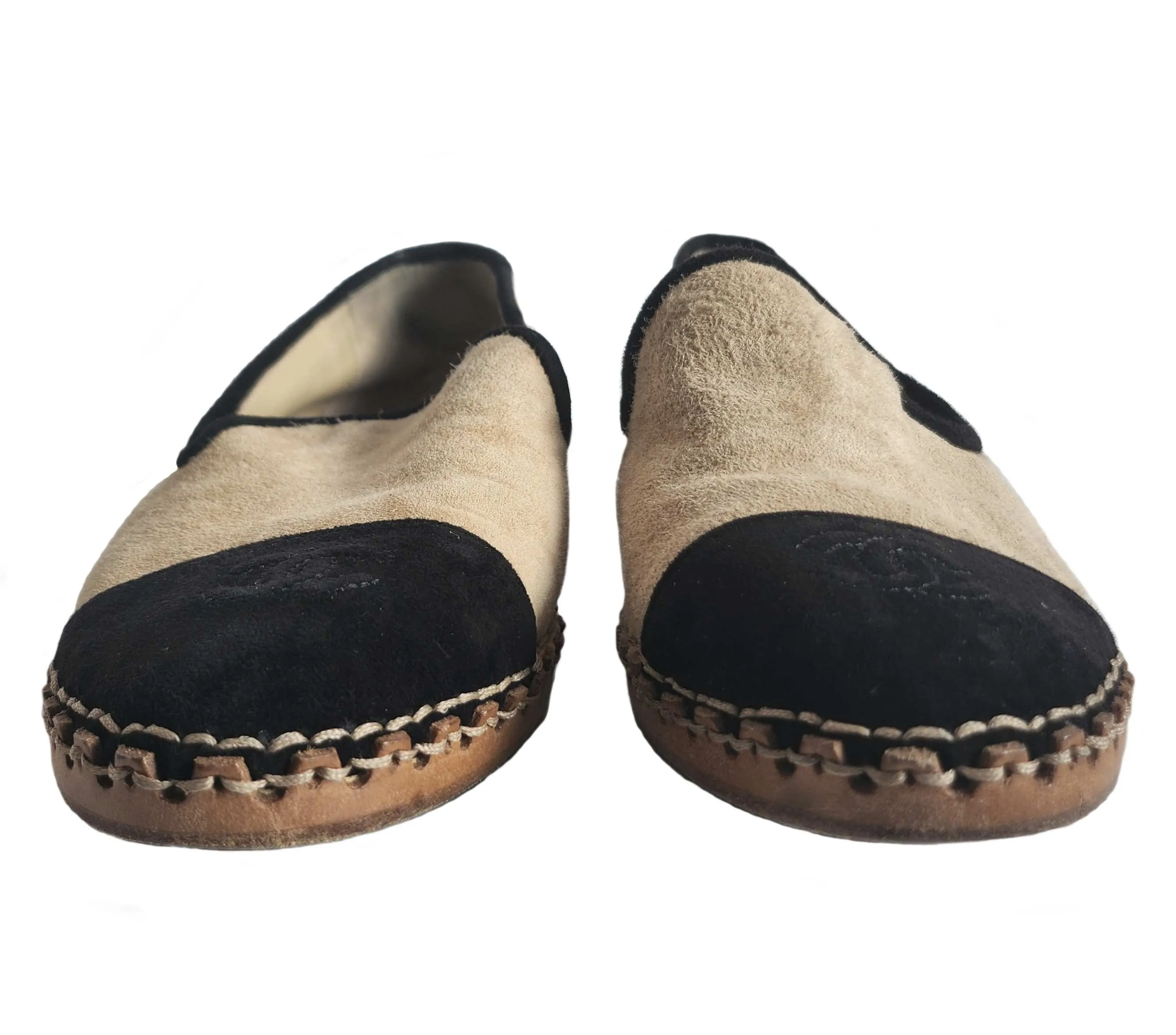 CHANEL SUEDE BLACK/BEIGE CAPTOE CC ESPADRILLES (39C)