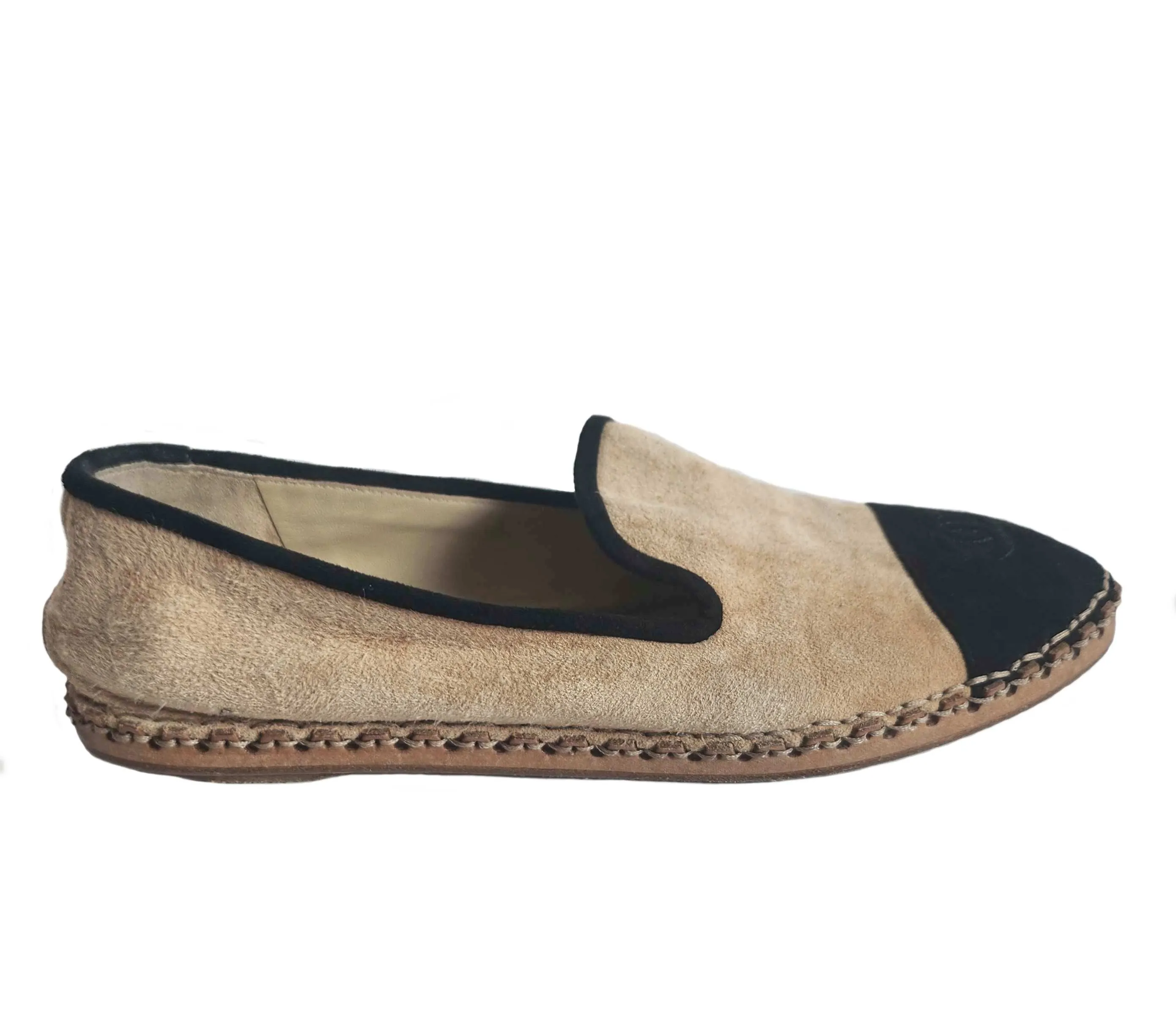 CHANEL SUEDE BLACK/BEIGE CAPTOE CC ESPADRILLES (39C)
