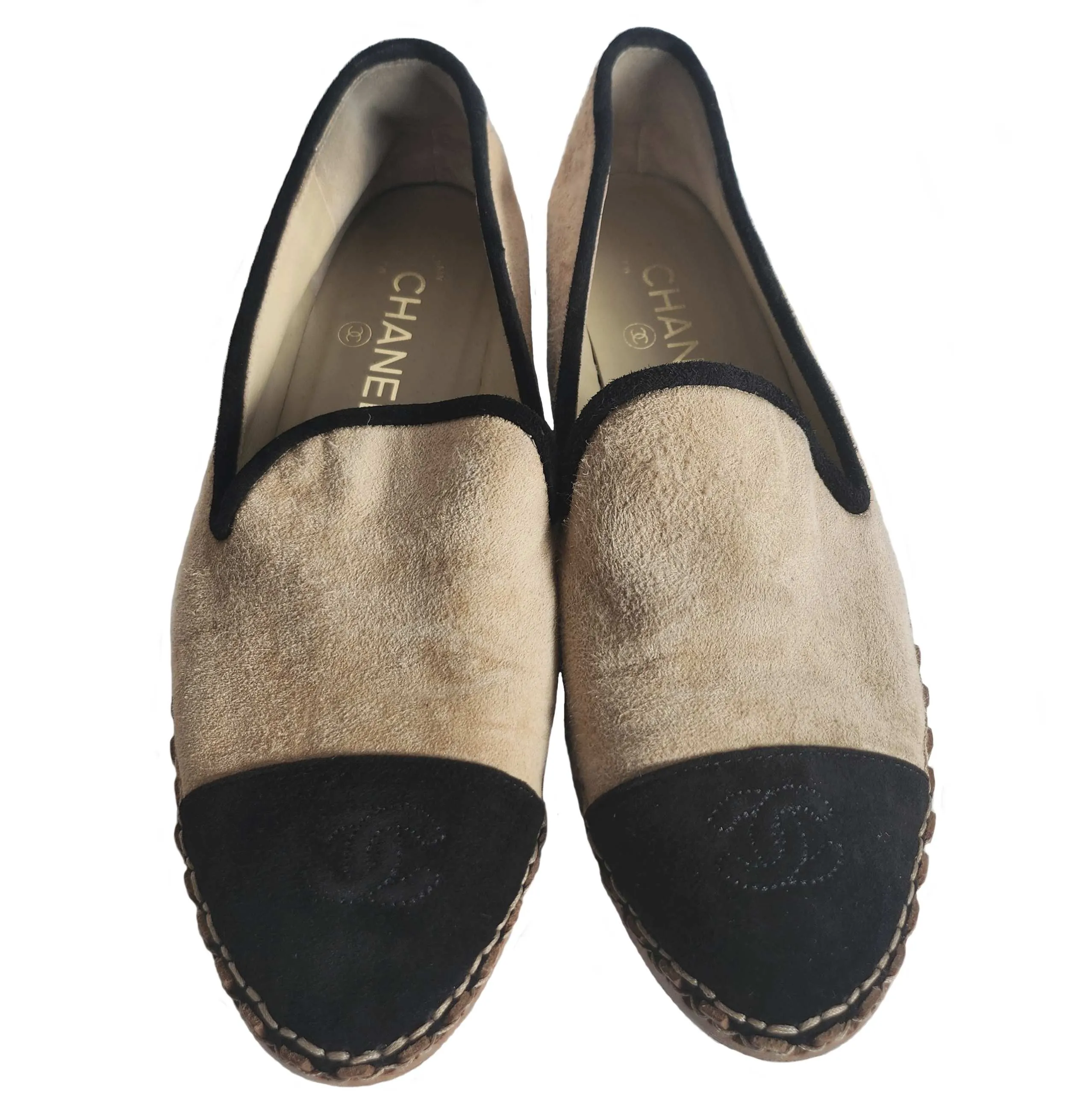 CHANEL SUEDE BLACK/BEIGE CAPTOE CC ESPADRILLES (39C)