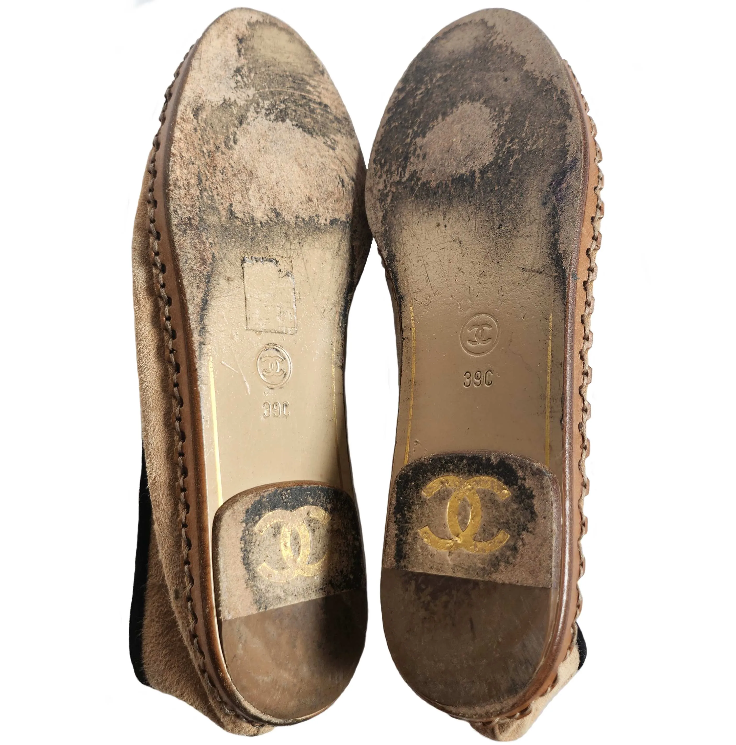 CHANEL SUEDE BLACK/BEIGE CAPTOE CC ESPADRILLES (39C)