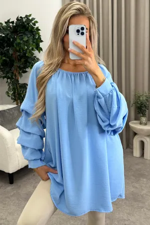 Chella Blue Tier Long Sleeve Bardot Top