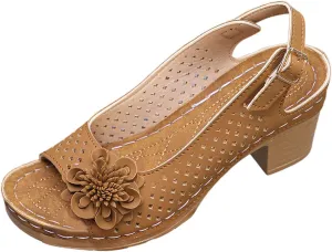 Chunky Heel Sandals for Women Comfortable Hollow Out Slip-On Sandals Open Toe Ankle Strap Chunky High Heels Lightweight Peep Flowers Sandal Beach Shoes