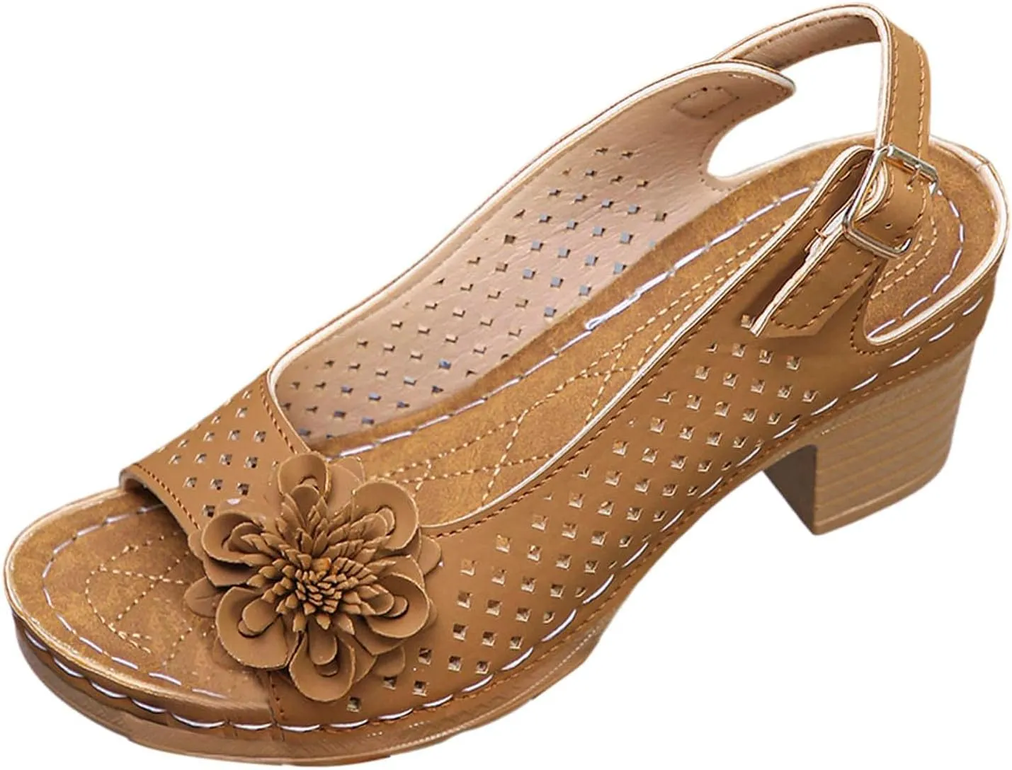 Chunky Heel Sandals for Women Comfortable Hollow Out Slip-On Sandals Open Toe Ankle Strap Chunky High Heels Lightweight Peep Flowers Sandal Beach Shoes