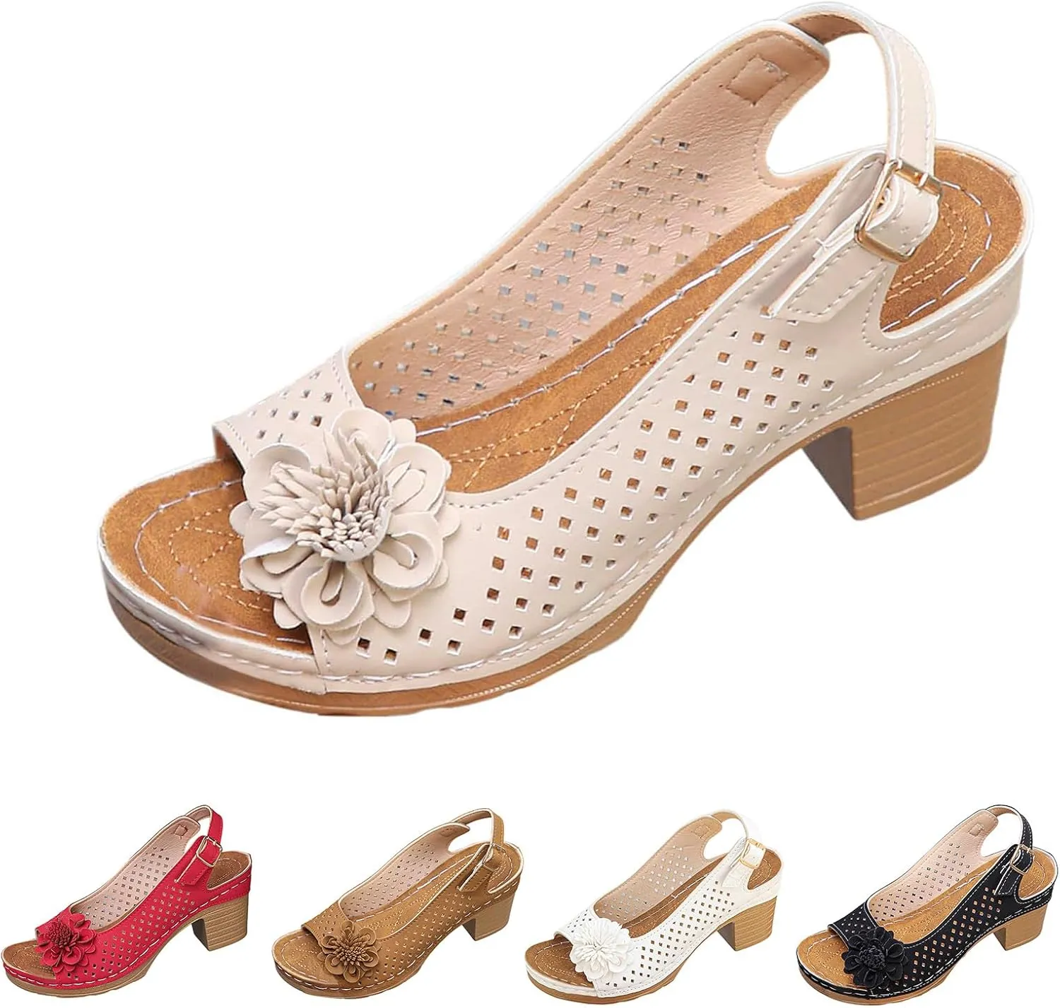 Chunky Heel Sandals for Women Comfortable Hollow Out Slip-On Sandals Open Toe Ankle Strap Chunky High Heels Lightweight Peep Flowers Sandal Beach Shoes