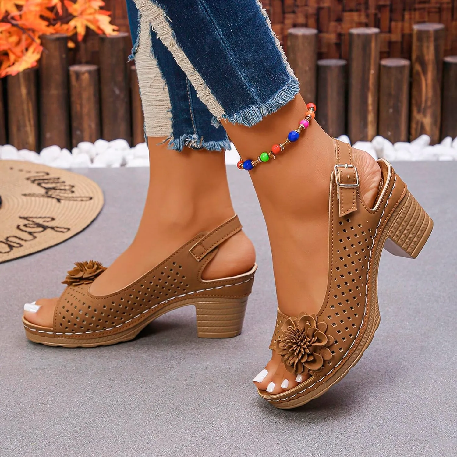 Chunky Heel Sandals for Women Comfortable Hollow Out Slip-On Sandals Open Toe Ankle Strap Chunky High Heels Lightweight Peep Flowers Sandal Beach Shoes