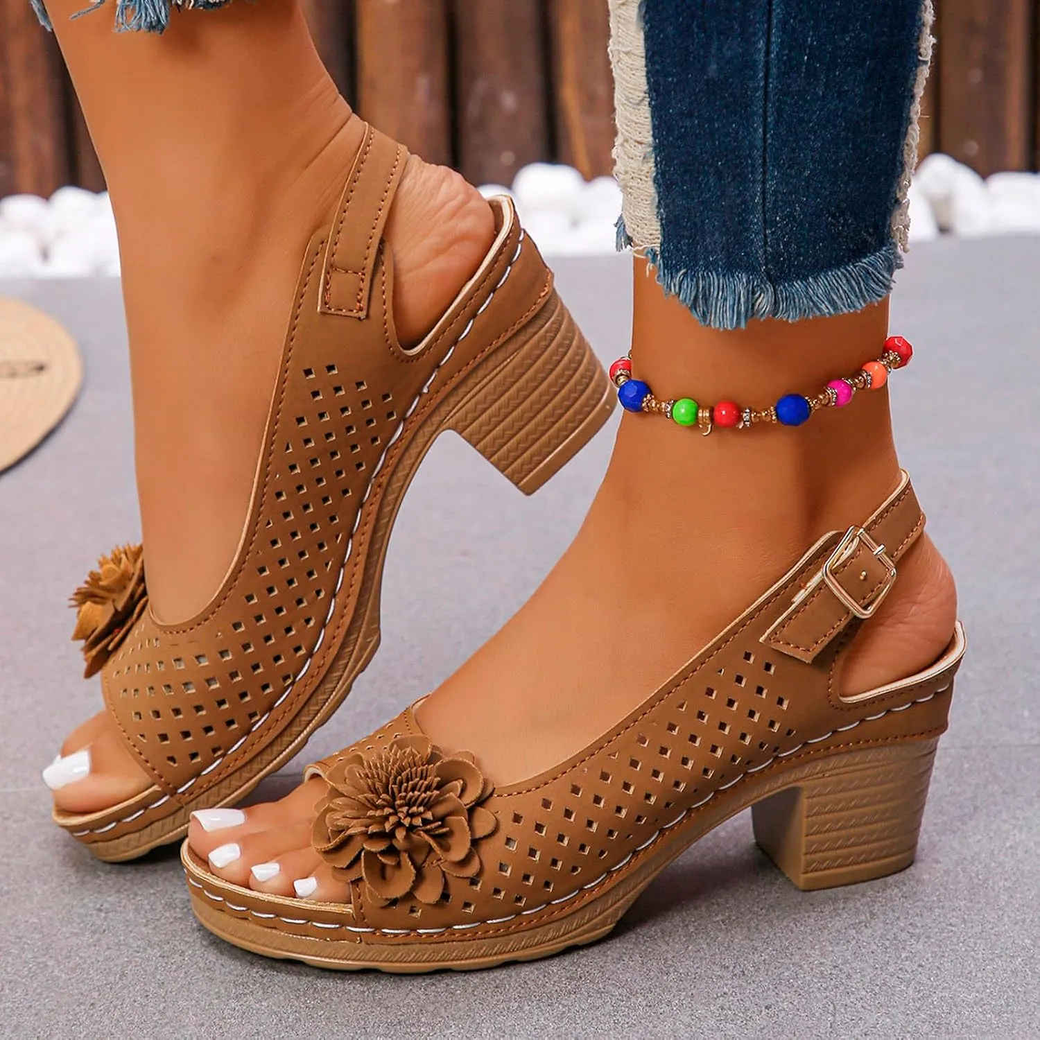 Chunky Heel Sandals for Women Comfortable Hollow Out Slip-On Sandals Open Toe Ankle Strap Chunky High Heels Lightweight Peep Flowers Sandal Beach Shoes