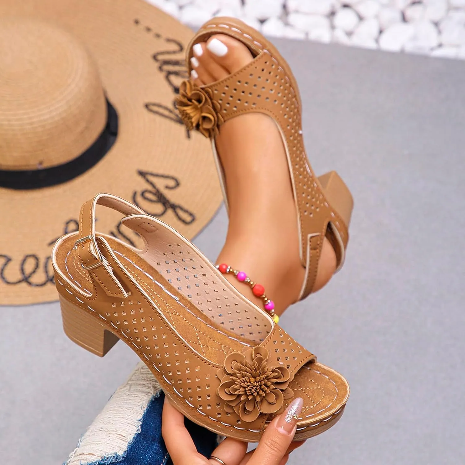 Chunky Heel Sandals for Women Comfortable Hollow Out Slip-On Sandals Open Toe Ankle Strap Chunky High Heels Lightweight Peep Flowers Sandal Beach Shoes