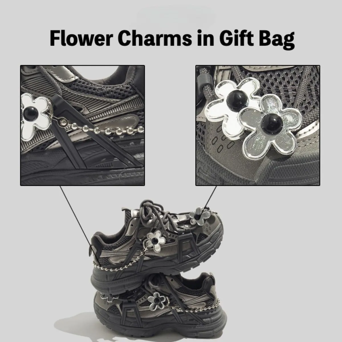 Chunky Sneakers Y2K Non-Slip Lace-up Platform Dad Shoes Black Breathable Flower Charms with Gothic Aesthetic Effortless Punk Fits Every Trendy Style