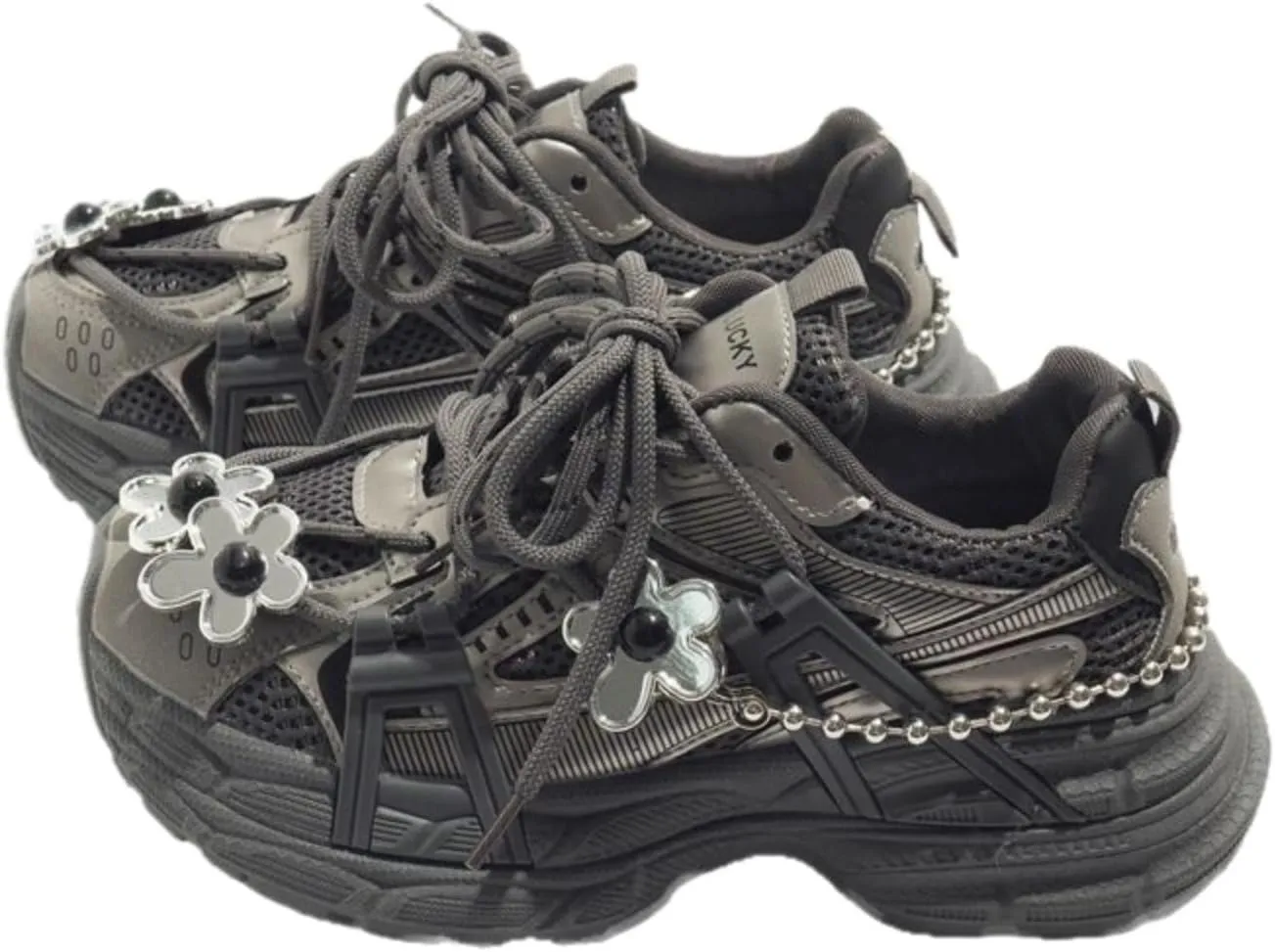 Chunky Sneakers Y2K Non-Slip Lace-up Platform Dad Shoes Black Breathable Flower Charms with Gothic Aesthetic Effortless Punk Fits Every Trendy Style