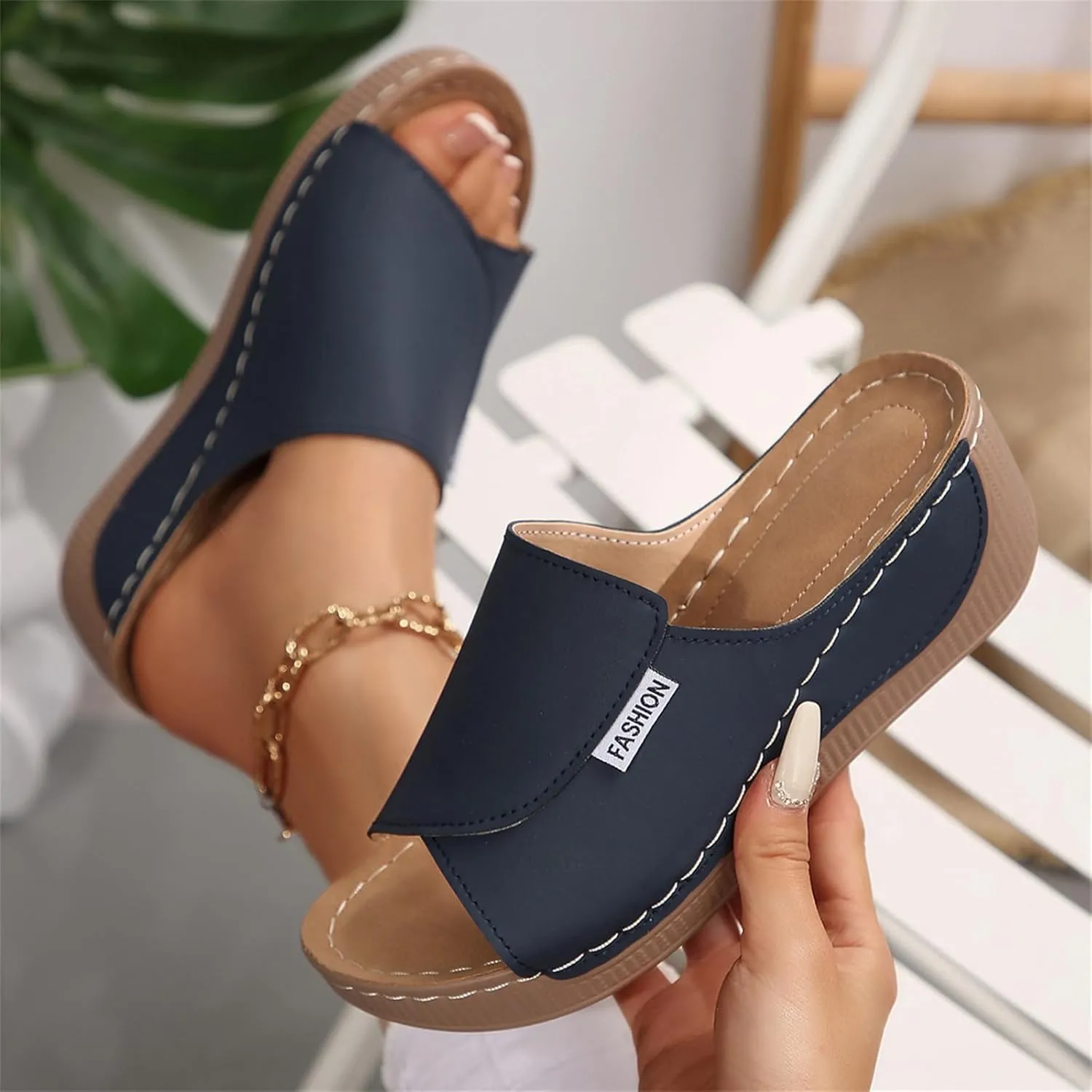 Comfortable Arch Support Slides for Women Orthopedic Wedge Sandals Wide Width Breathable Summer Orthotic Leather Platform Wedge Sandals Slip on Casual Shoes