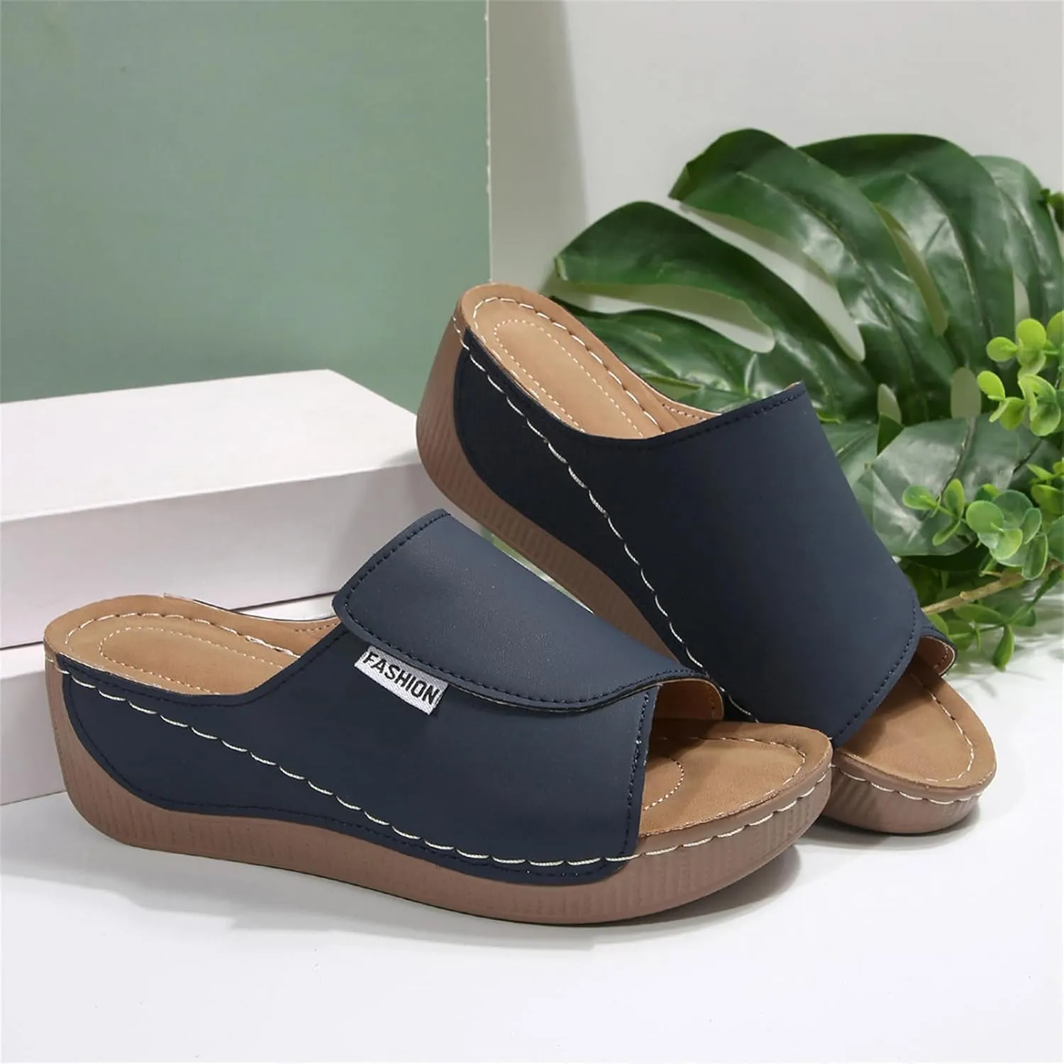 Comfortable Arch Support Slides for Women Orthopedic Wedge Sandals Wide Width Breathable Summer Orthotic Leather Platform Wedge Sandals Slip on Casual Shoes