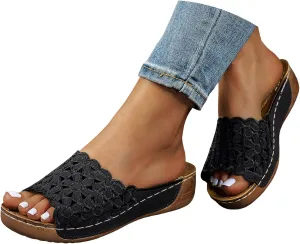 Comfortable Non slip Solid Color Open-Toe Wedge Sandals for Women,Open Toe Solid Color Dressy Leather Platform Flower Slipper Boho Beach Sandals Dress Shoes Comfortable Outdoor Shoes
