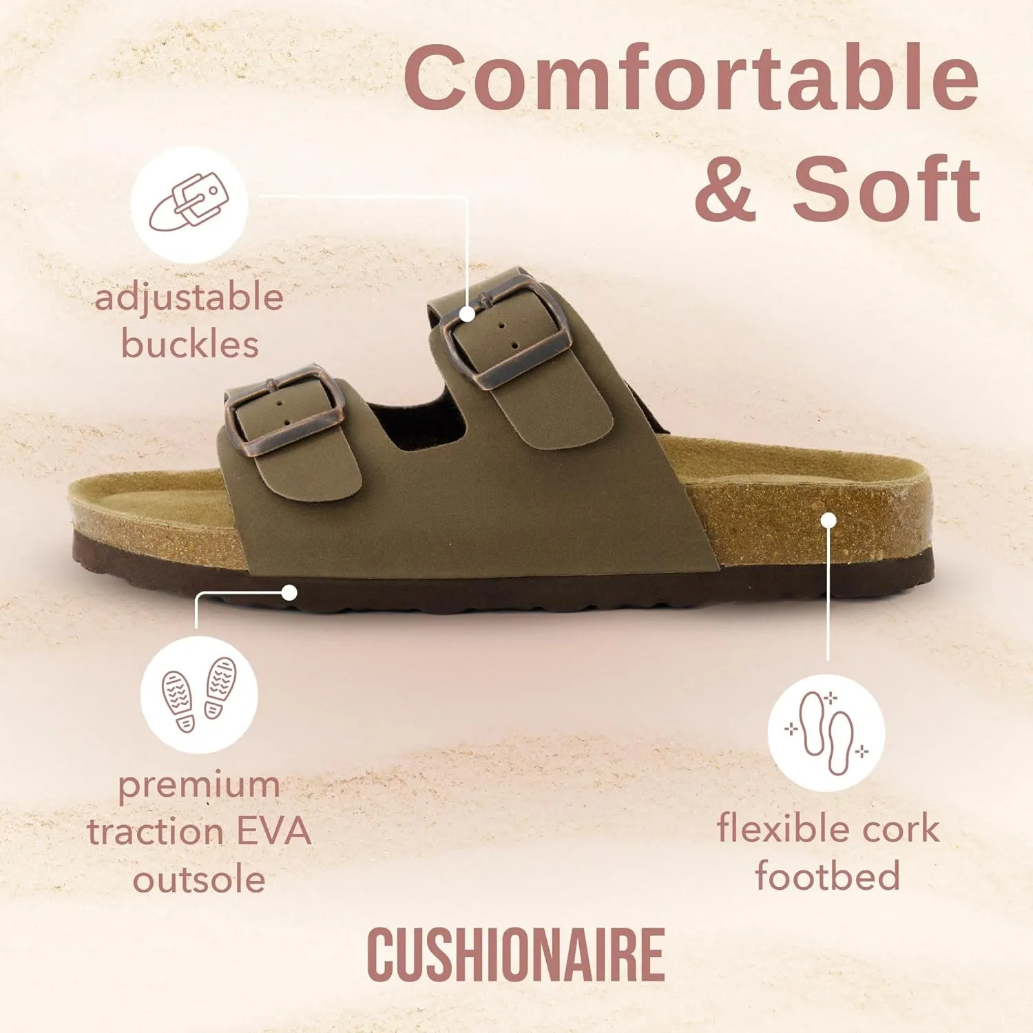 CUSHIONAIRE Lane Cork Footbed Sandals for Women  Comfortable Double Buckle Slip-On with Genuine Suede Footbed & Arch Support Slides for Women Footwear