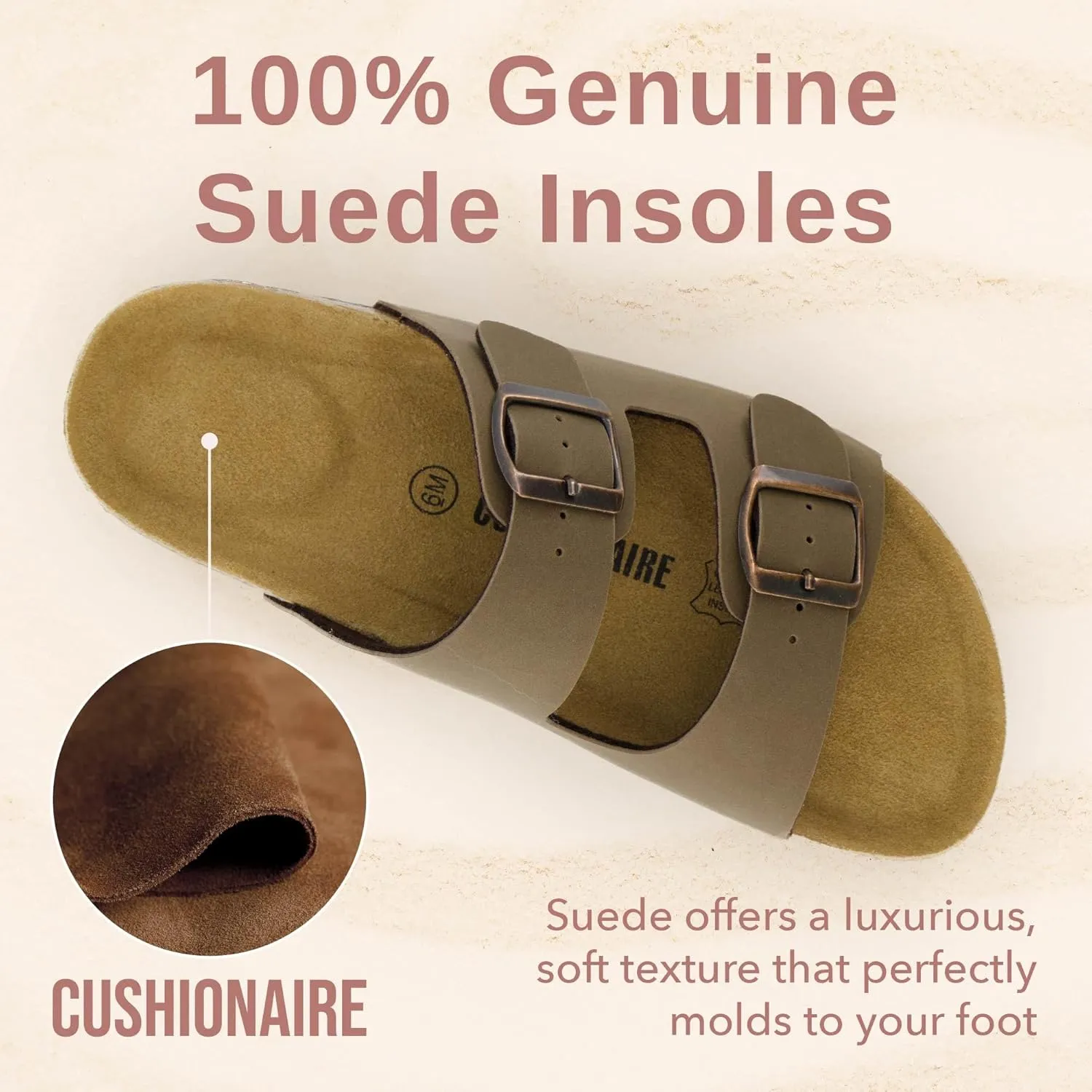 CUSHIONAIRE Lane Cork Footbed Sandals for Women  Comfortable Double Buckle Slip-On with Genuine Suede Footbed & Arch Support Slides for Women Footwear