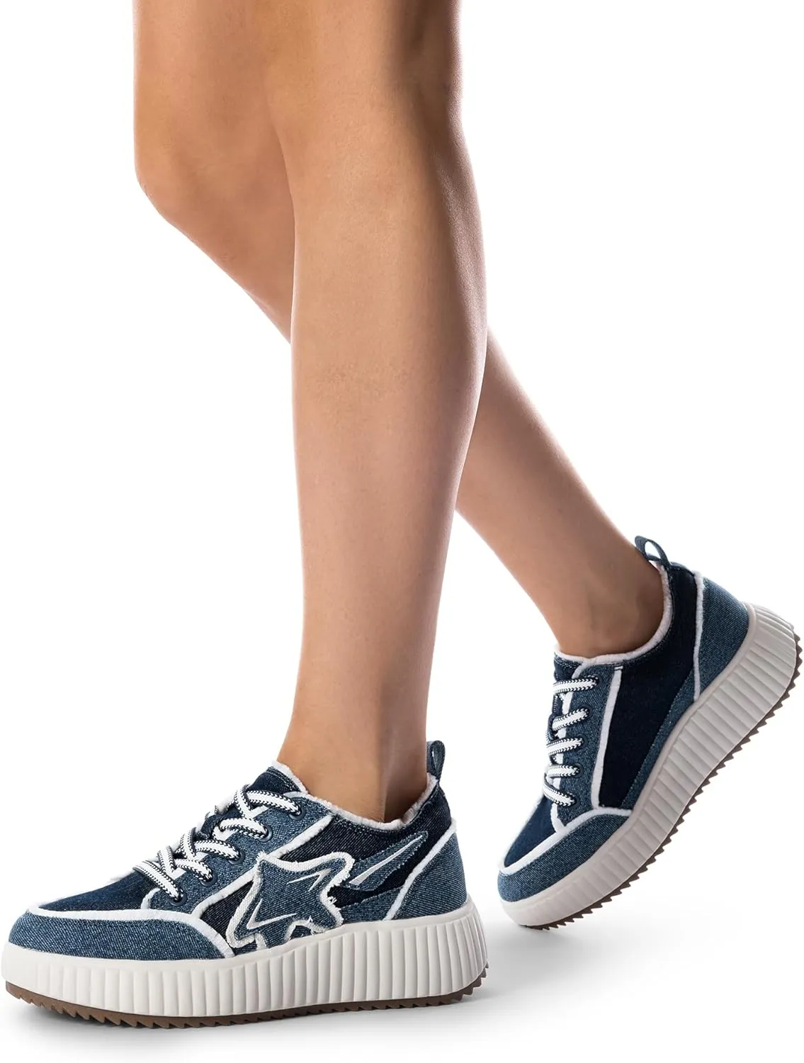 DREAM PAIRS Women Platform Chunky Lightweight Comfortable Casual Denim Fabric Lace-Up Kay Walking Fashion Sneakers