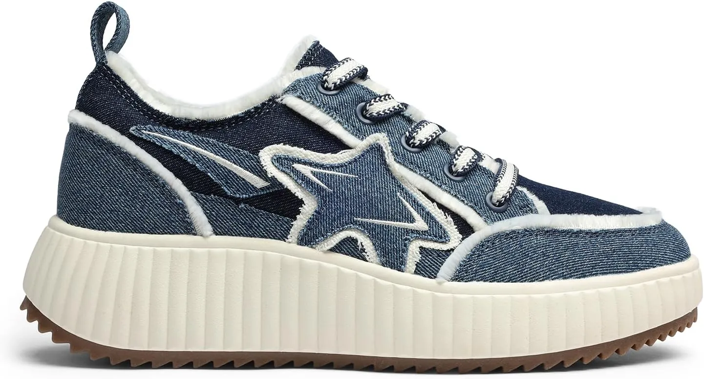 DREAM PAIRS Women Platform Chunky Lightweight Comfortable Casual Denim Fabric Lace-Up Kay Walking Fashion Sneakers