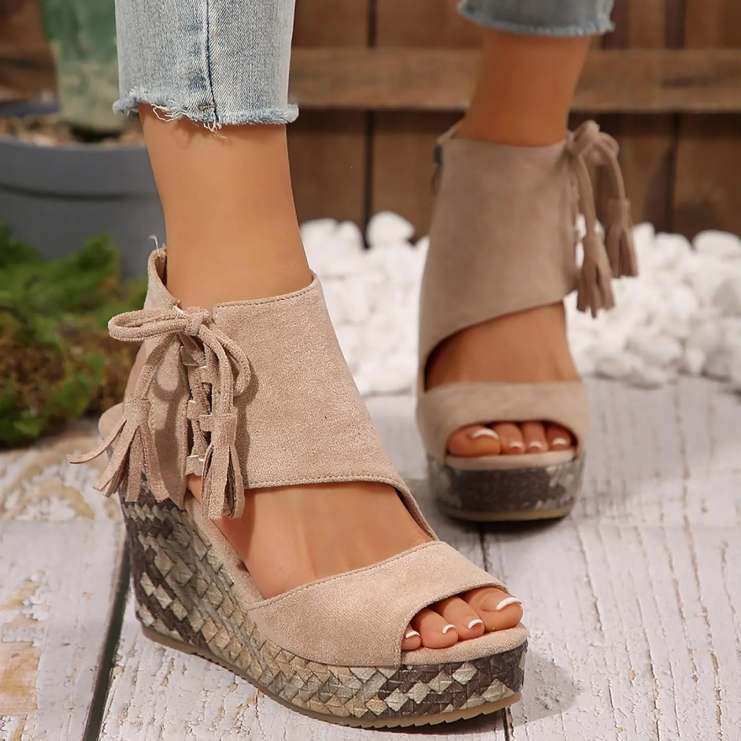 Espadrilles Wedges for Women Fashion Women's Platform Sandals Wedge Ankle Tassels Open Toe Sandals Elegant Flatform Dressy Shoes