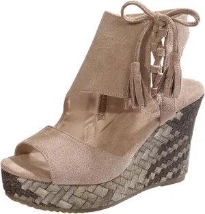 Espadrilles Wedges for Women Fashion Women's Platform Sandals Wedge Ankle Tassels Open Toe Sandals Elegant Flatform Dressy Shoes