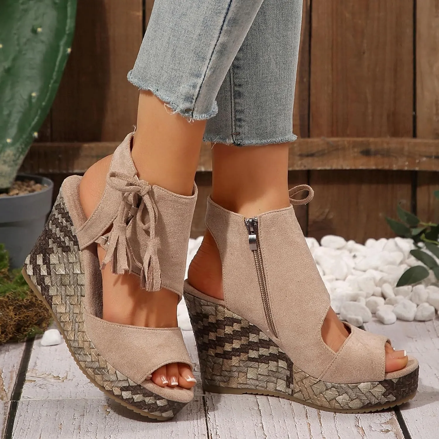 Espadrilles Wedges for Women Fashion Women's Platform Sandals Wedge Ankle Tassels Open Toe Sandals Elegant Flatform Dressy Shoes