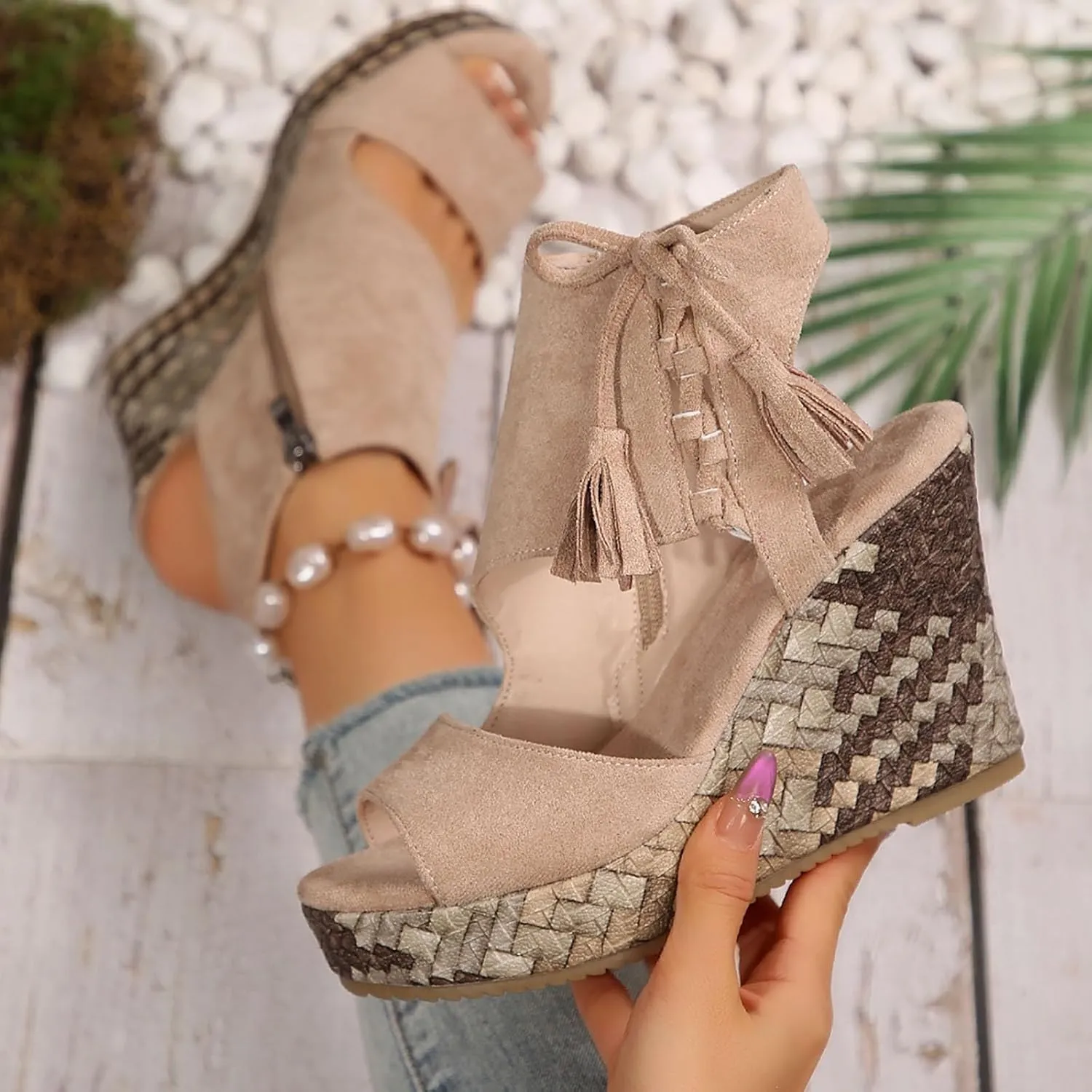 Espadrilles Wedges for Women Fashion Women's Platform Sandals Wedge Ankle Tassels Open Toe Sandals Elegant Flatform Dressy Shoes