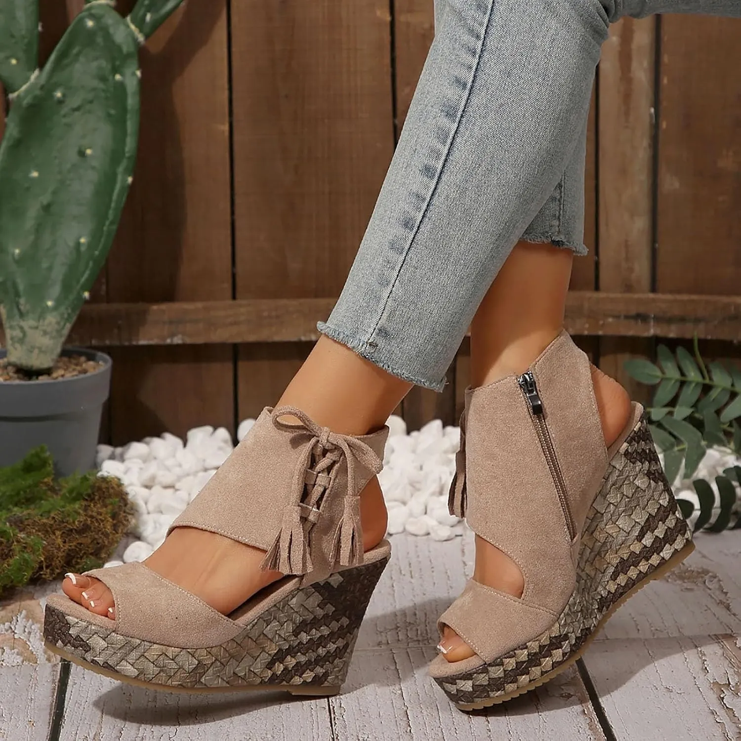 Espadrilles Wedges for Women Fashion Women's Platform Sandals Wedge Ankle Tassels Open Toe Sandals Elegant Flatform Dressy Shoes