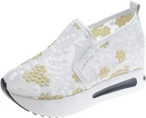 Fashion Sneakers for Women Platform Wedge Sneakers Floral Embroidery Breathable Sheer Mesh Lace Sneaker Mesh Air Comfort Chunky Sole Hidden High Heels Slip On Loafers Dressy Casual Walking Shoes