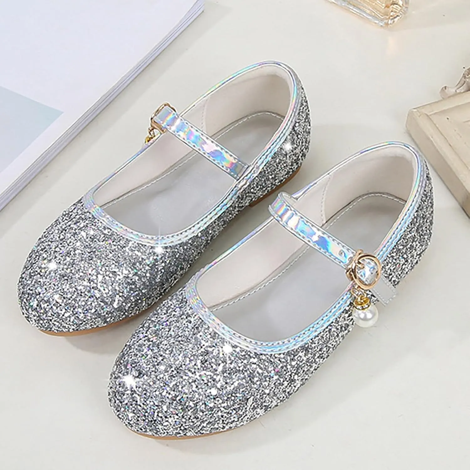 Flower Girls Dress Shoes Toddler Kids Glitter Low Heel Mary Jane Princess Sandals for Birthday Wedding Party