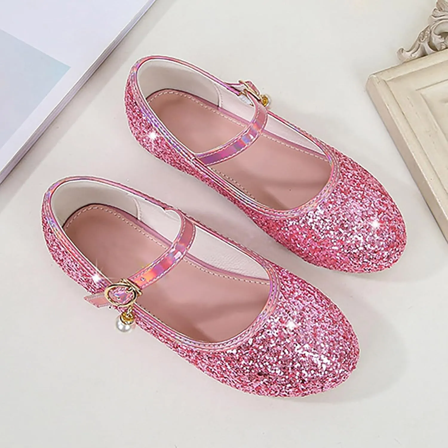 Flower Girls Dress Shoes Toddler Kids Glitter Low Heel Mary Jane Princess Sandals for Birthday Wedding Party