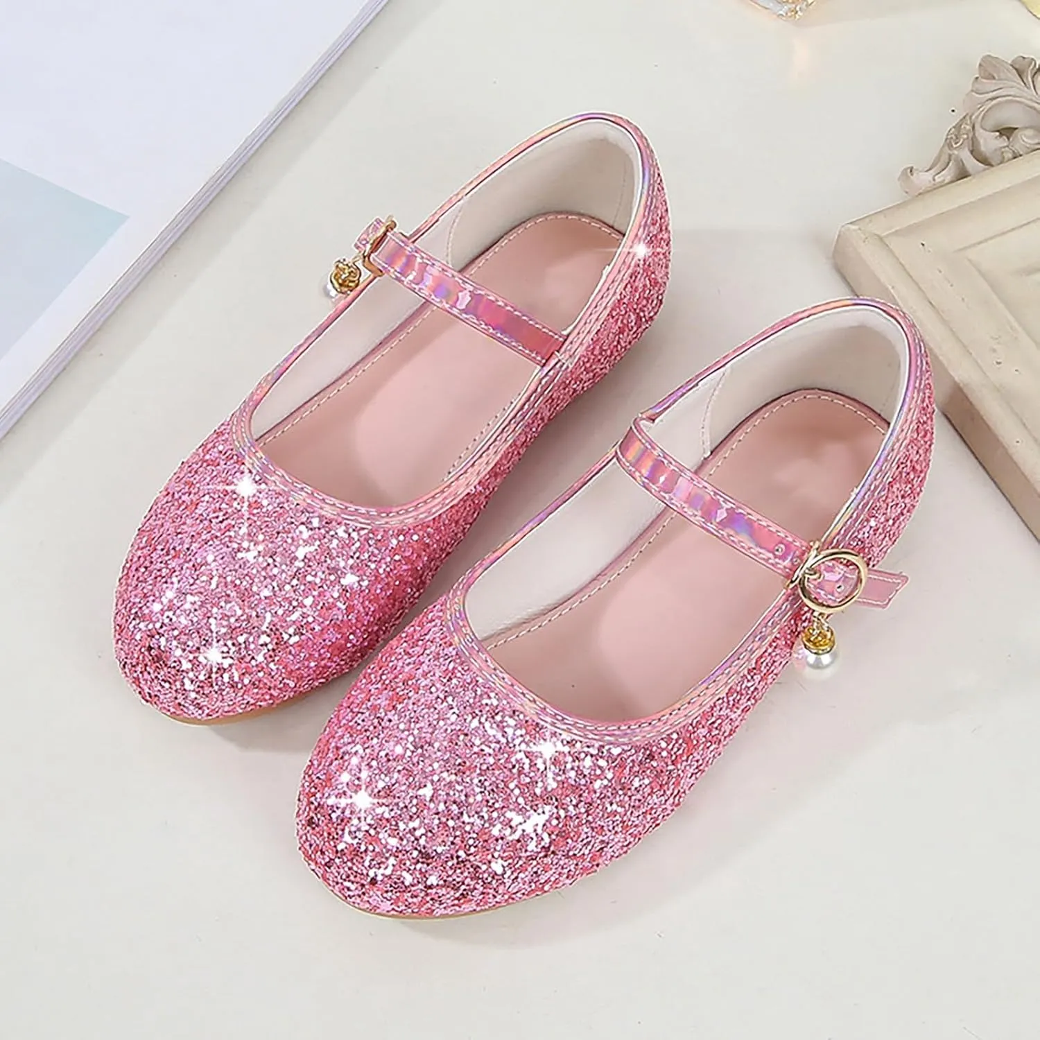 Flower Girls Dress Shoes Toddler Kids Glitter Low Heel Mary Jane Princess Sandals for Birthday Wedding Party