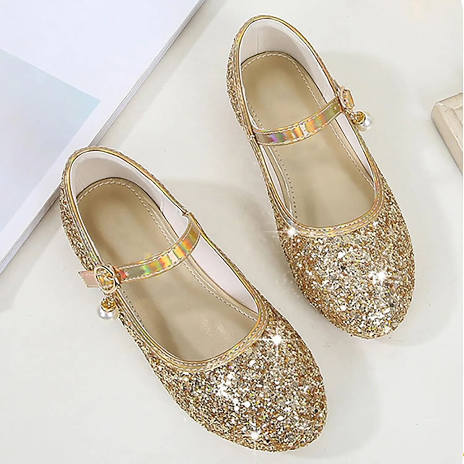 Flower Girls Dress Shoes Toddler Kids Glitter Low Heel Mary Jane Princess Sandals for Birthday Wedding Party