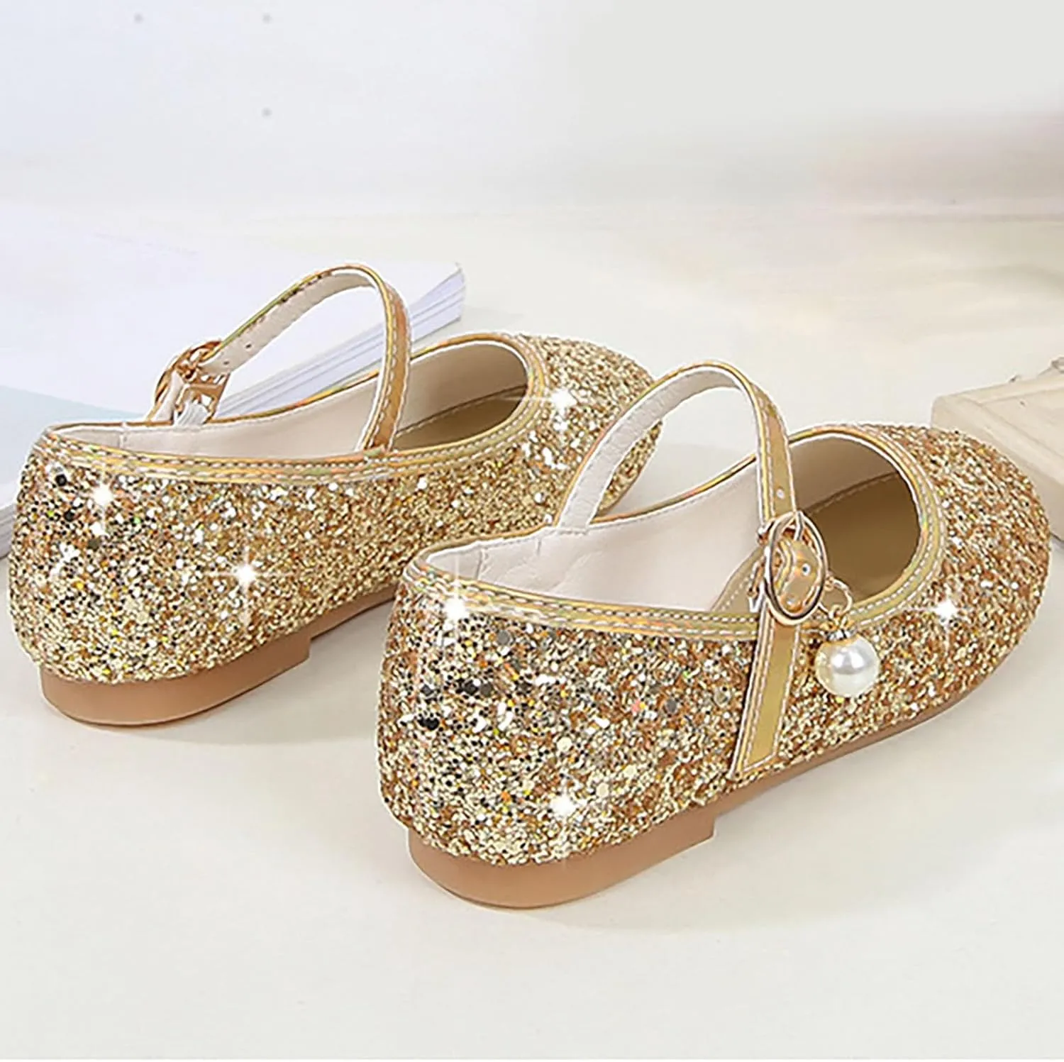 Flower Girls Dress Shoes Toddler Kids Glitter Low Heel Mary Jane Princess Sandals for Birthday Wedding Party