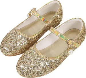 Flower Girls Dress Shoes Toddler Kids Glitter Low Heel Mary Jane Princess Sandals for Birthday Wedding Party