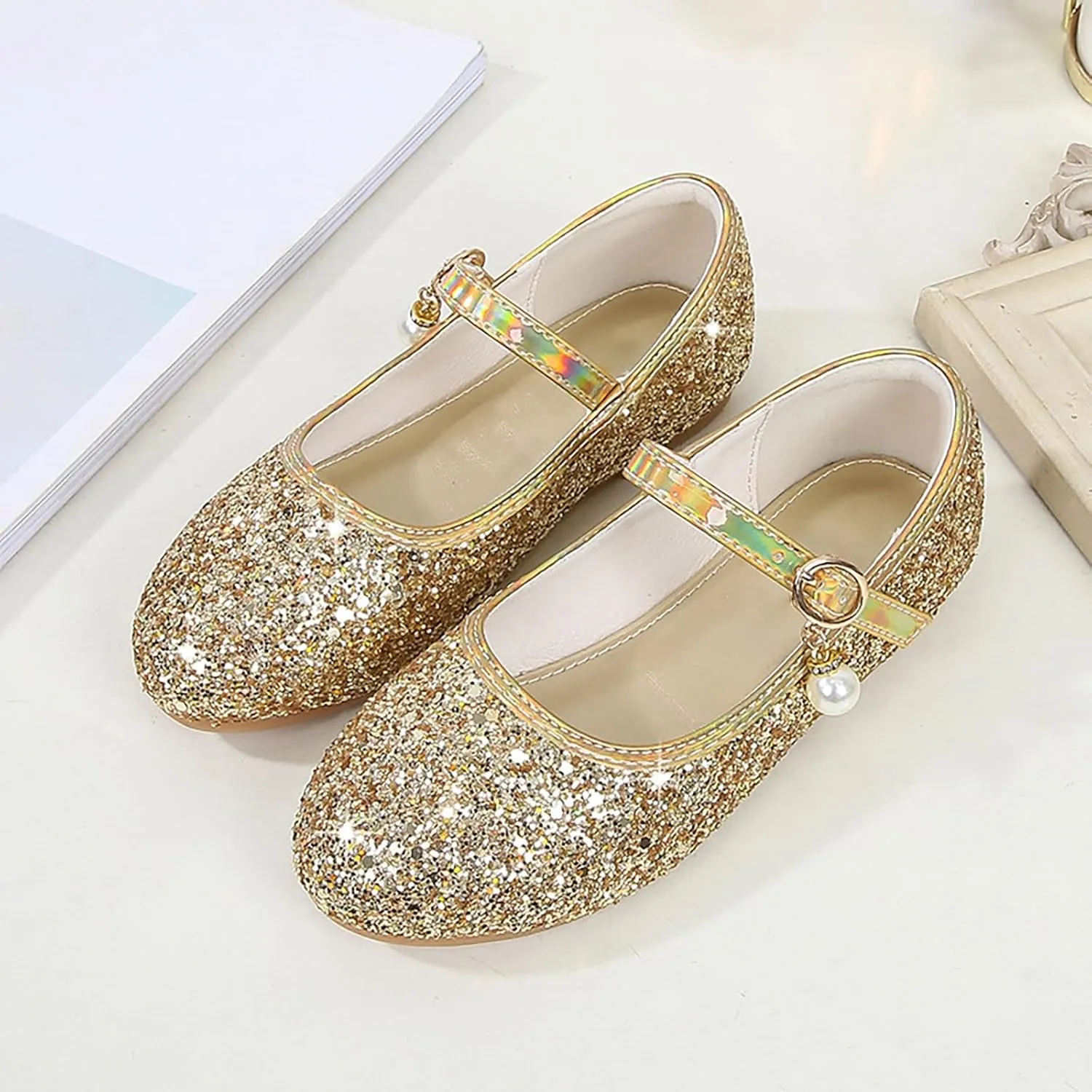 Flower Girls Dress Shoes Toddler Kids Glitter Low Heel Mary Jane Princess Sandals for Birthday Wedding Party