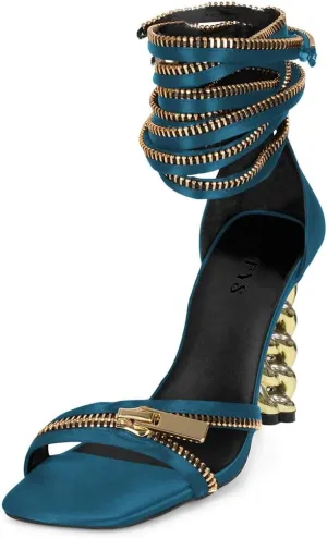 FYS Women Gold Metal Chain Block Heel Sandals Lace Up Zipper Strap Decor High Heels Dress Summer Party Prom Shoes Size 4-15 US