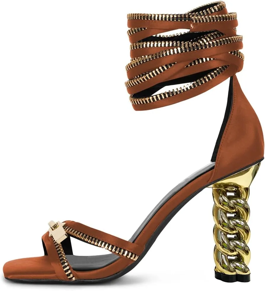 FYS Women Gold Metal Chain Block Heel Sandals Lace Up Zipper Strap Decor High Heels Dress Summer Party Prom Shoes Size 4-15 US