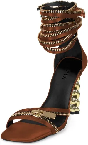FYS Women Gold Metal Chain Block Heel Sandals Lace Up Zipper Strap Decor High Heels Dress Summer Party Prom Shoes Size 4-15 US