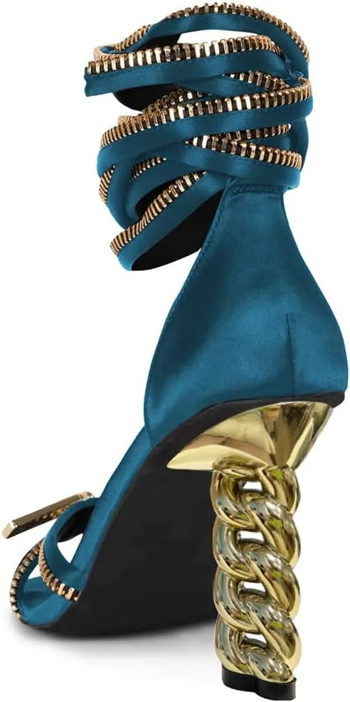 FYS Women Gold Metal Chain Block Heel Sandals Lace Up Zipper Strap Decor High Heels Dress Summer Party Prom Shoes Size 4-15 US