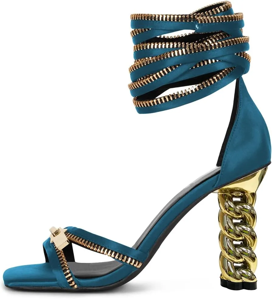 FYS Women Gold Metal Chain Block Heel Sandals Lace Up Zipper Strap Decor High Heels Dress Summer Party Prom Shoes Size 4-15 US