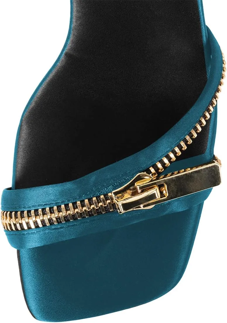 FYS Women Gold Metal Chain Block Heel Sandals Lace Up Zipper Strap Decor High Heels Dress Summer Party Prom Shoes Size 4-15 US