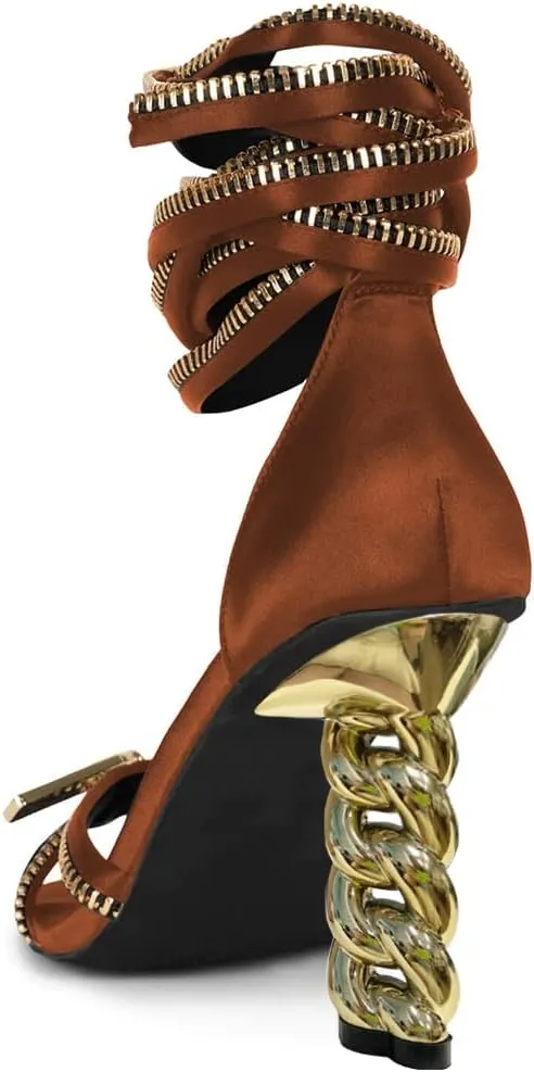 FYS Women Gold Metal Chain Block Heel Sandals Lace Up Zipper Strap Decor High Heels Dress Summer Party Prom Shoes Size 4-15 US
