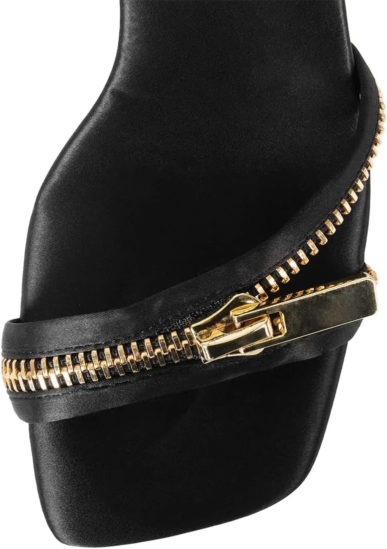 FYS Women Gold Metal Chain Block Heel Sandals Lace Up Zipper Strap Decor High Heels Dress Summer Party Prom Shoes Size 4-15 US